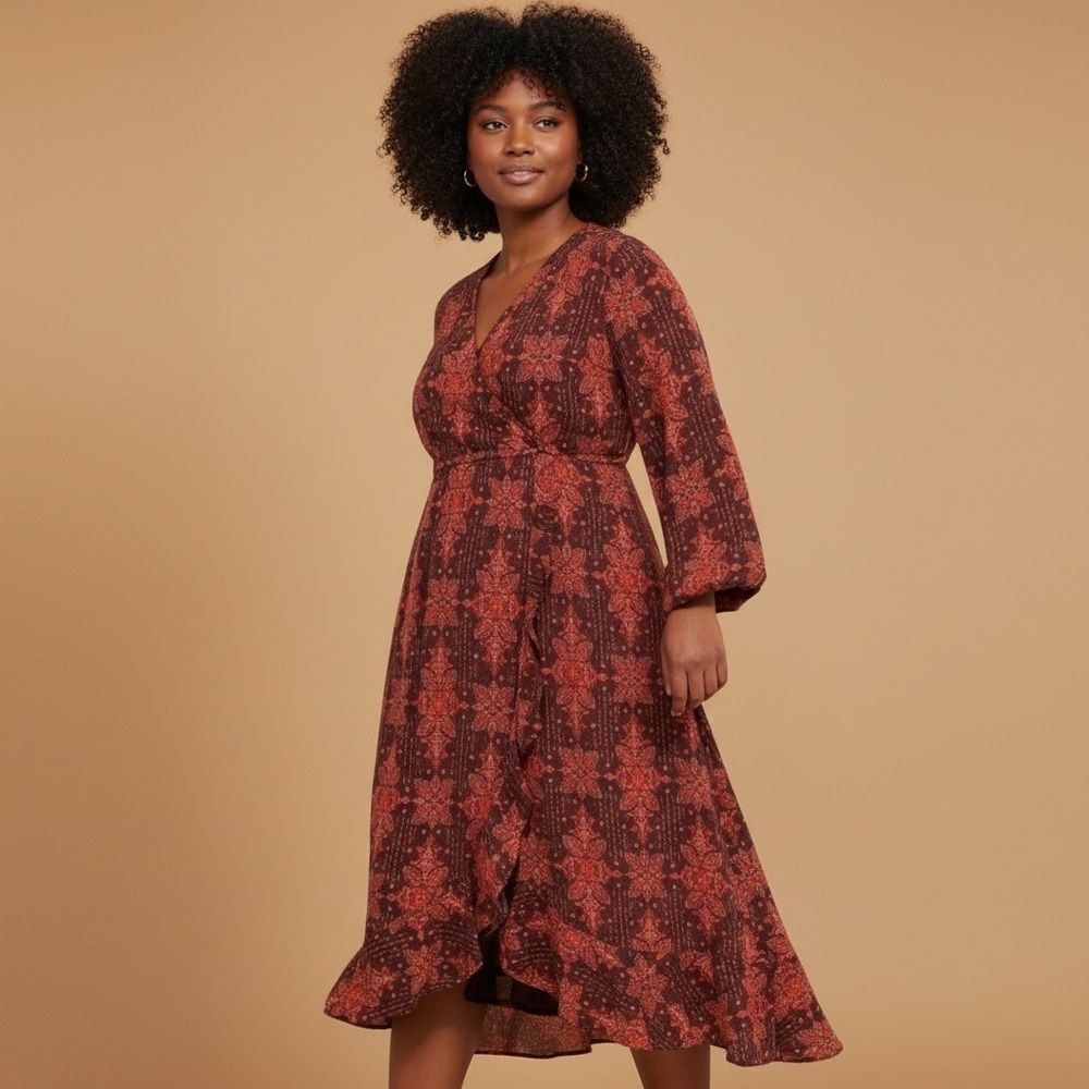 Torrid Plus Size 1 Red Midi Ruffle Surplice Dress… - image 1